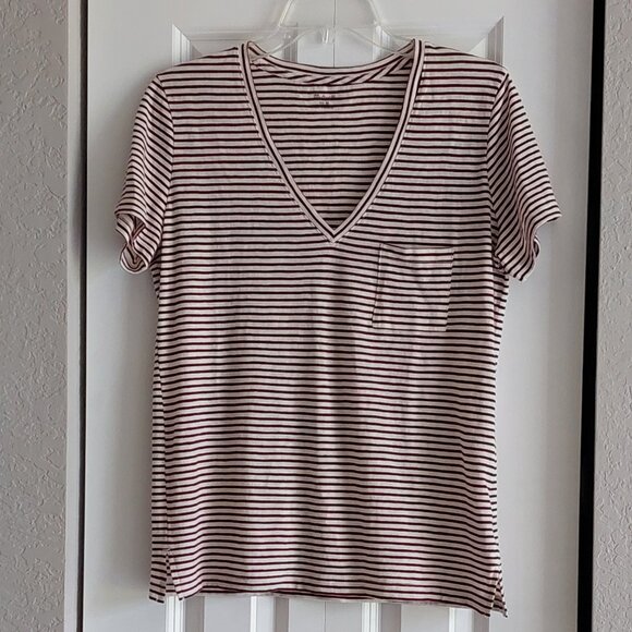 Madewell Whisper Cotton V-Neck Pocket Tee in Simone Stripe Women's Size M - Picture 1 of 11